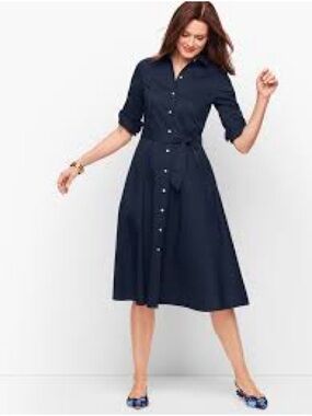 Talbots NWT Preppy 100% Cotton navy poplin shirt dress long sleeve size 14